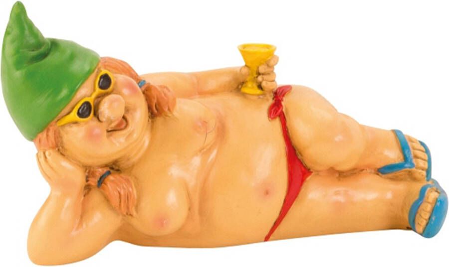 Tuinkabouter vrouw beeld Happy Nudist Polystone Naakt liggend 23 cm Origineel fun kado Groene muts Stoute kabouters