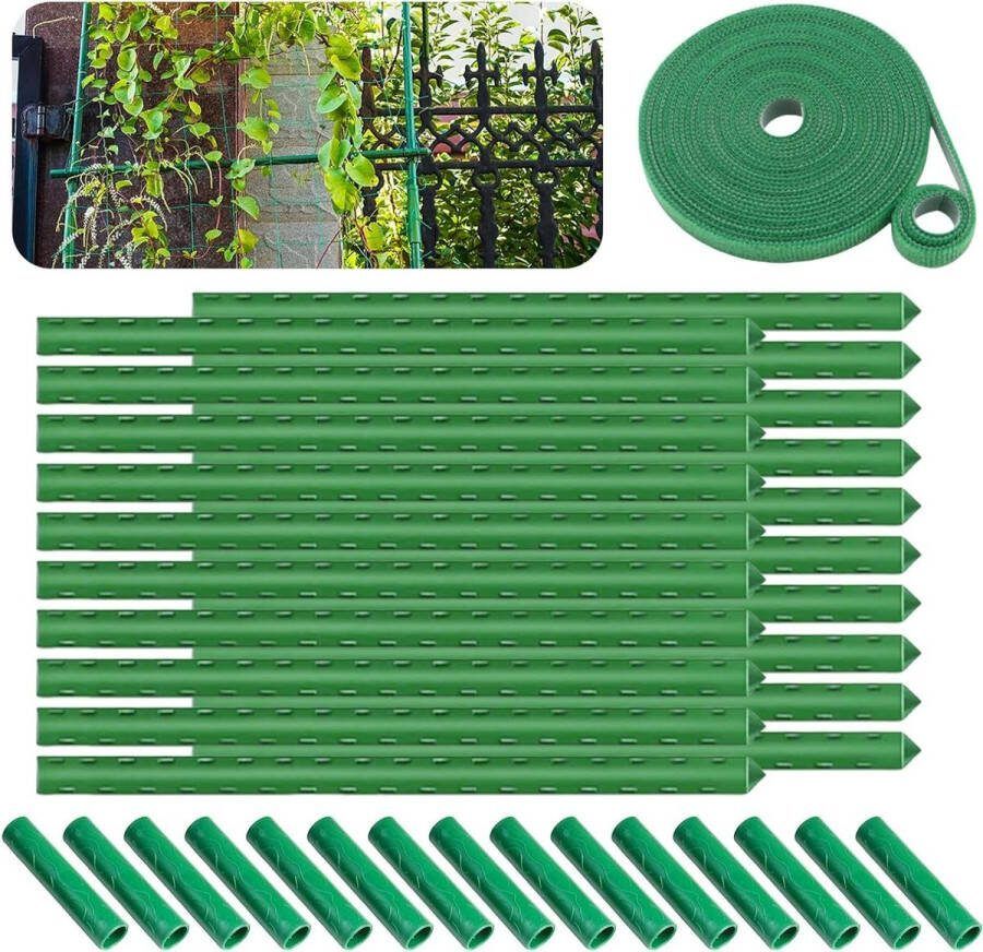 Tuinplantenpalen staven plantensteun plantenstaaf klimhulp plantenstokken 15 connectoren 12 x 5 m grote plakstrip planten rankstaven groen lengte 40 cm Ø 11 mm