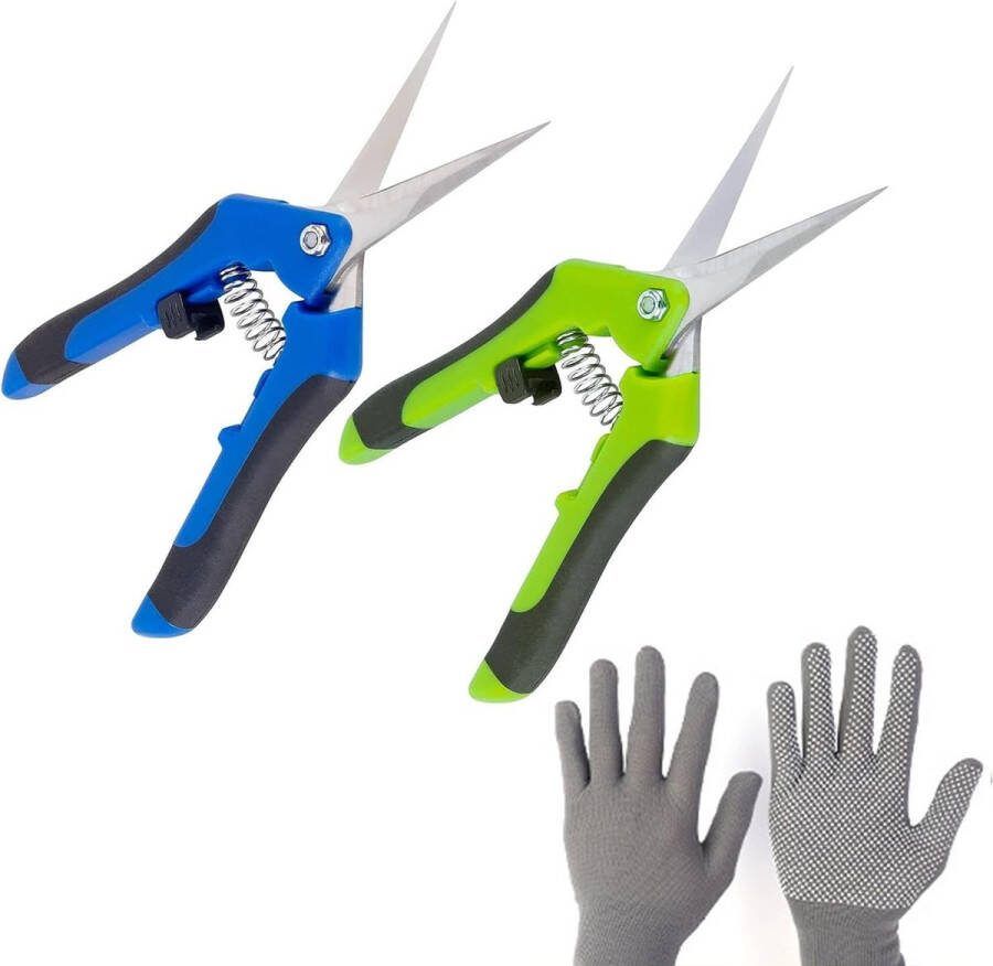 Tuinschaar 2 stuks bloemenschaar roestvrij stalen oogstschaar leesschaar takkenschaar 2 snoeischaar + 1 paar tuinhandschoenen set voor tuin groenten en fruit enz. (groen + blauw)