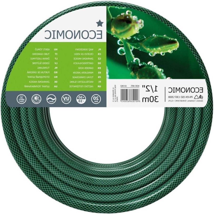 Tuinslang Flexibel ECONOMIC 3-laagse Slang Polyester Gekruist Gevlochten UV-bestendig 1 2 Inch 30 Meter Groen Tuinslang
