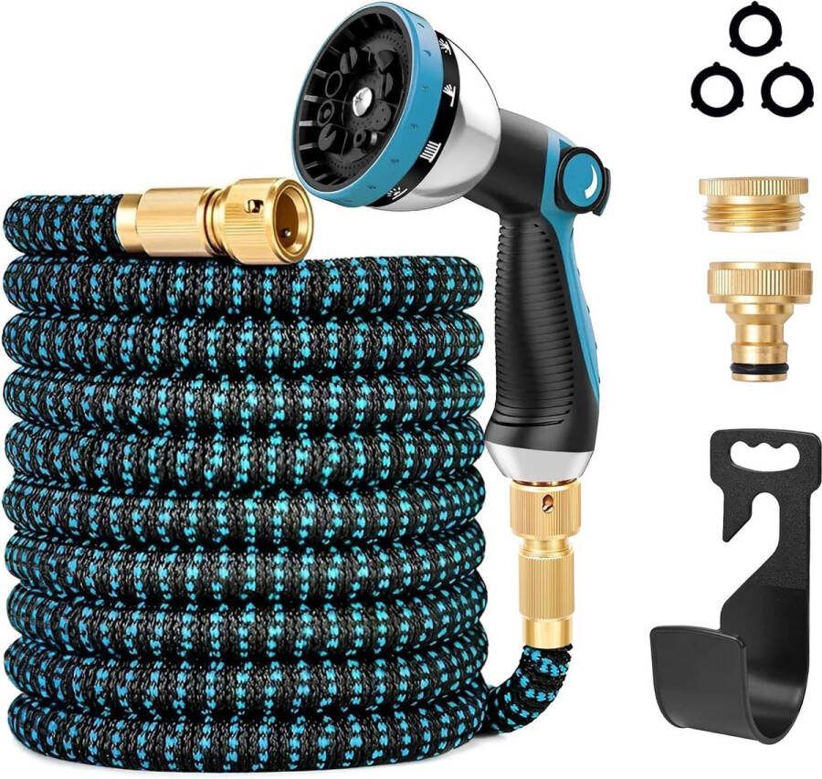 Tuinslang flexibel met sproeikop met 10 functies extra flexibel 3750D-weefsel waterslang met 3 4 inch en 1 2 inch messing aansluiting voor tuinieren en auto's huisdieren huishouden blauw-zwart