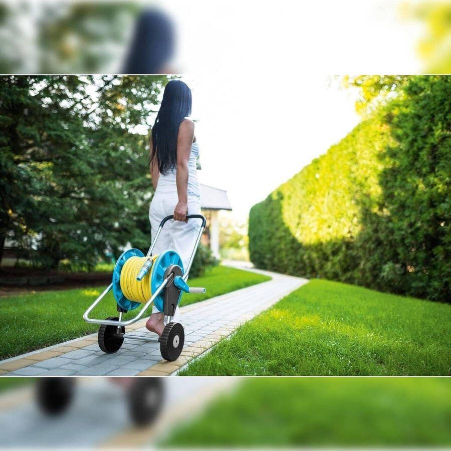 Tuinslangtrolley met rubberen handvat en aluminium constructie corrosiebestendig 1 2 60m Lichtblauw Tuinslang haspel