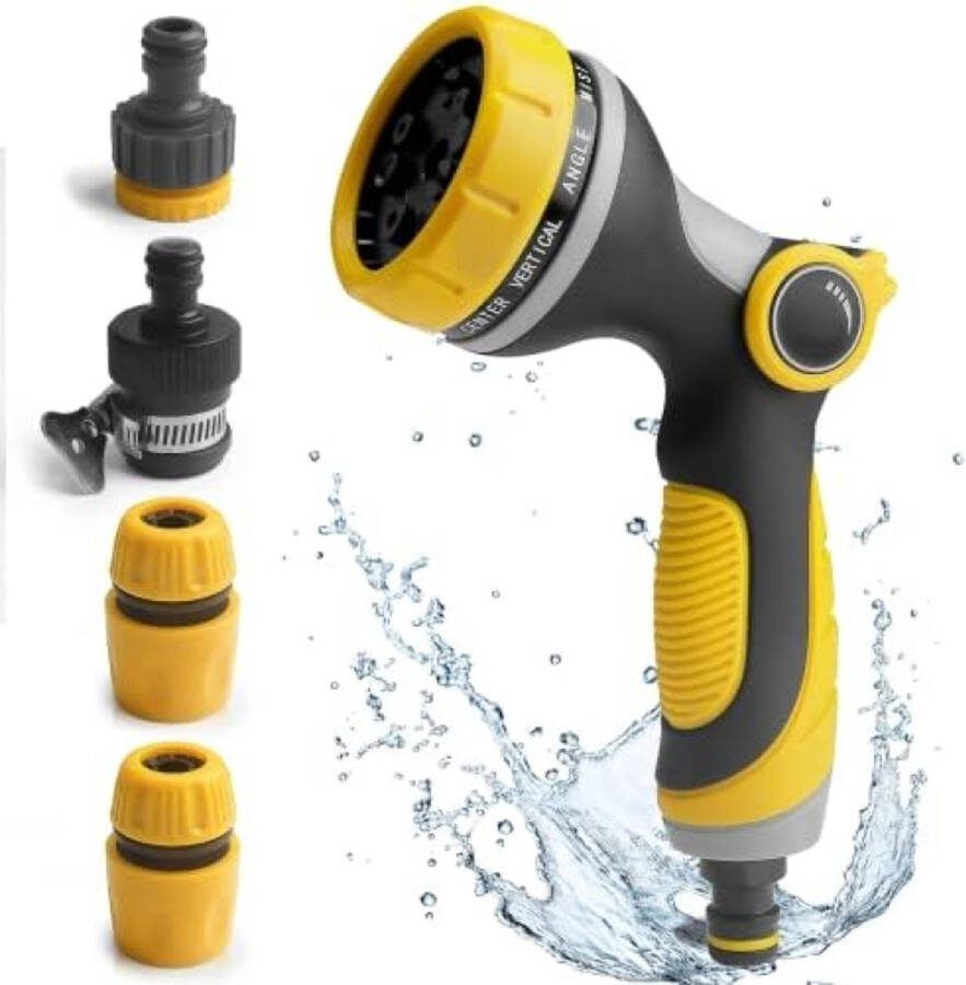 Tuinsproeier met impulsontspanner en permanente vergrendeling 10 functies handdouche tuinsproeier voor tuin auto wassen huisdieren baden huisreiniging geel