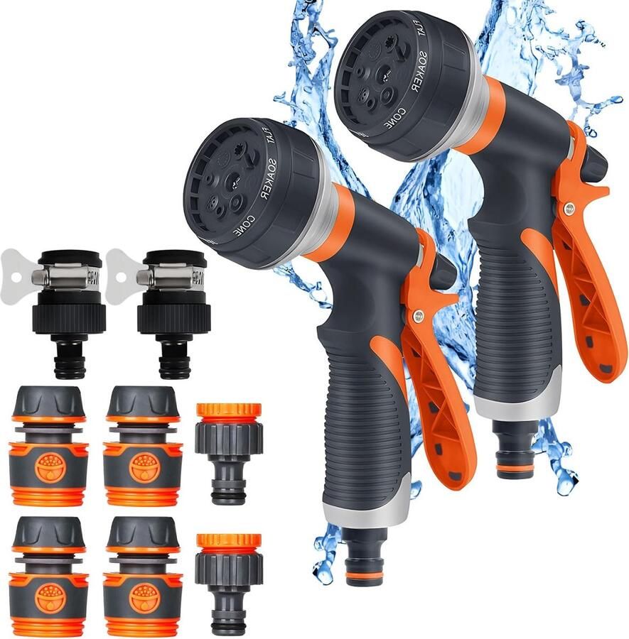 Tuinsproeier set van 2 8 irrigatiepatronen instelbare waterstroom hogedruk handsproeier spuitpistool voor tuinirrigatie huisdierdouche autowassen oranje