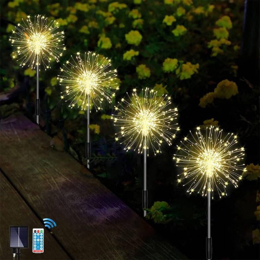 Tuinverlichting op zonne energie Buiten 4 x 120 leds Vuurwerkverlichting met afstandsbediening 8 modi Tuinsteker Waterdicht