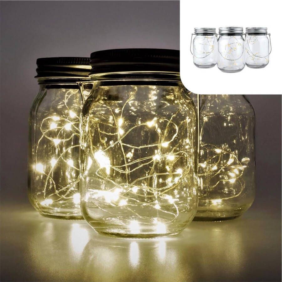 Tuinverlichting op Zonne-energie Solar Jar Fairy Lights set 3st 3 Glazen potten met 20 warmwitte LED?s dag-nacht sensor 7x13 cm energieklasse A++