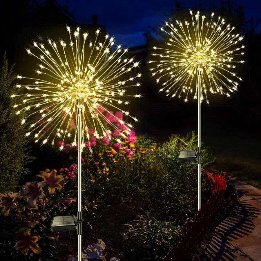 Tuinverlichting op Zonne-energie Solarverlichting 2-stuks stekers 120 led vuurwerkverlichting 8 modi tuinsteker paardebloemlampen buiten gazon warm wit