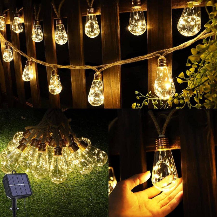 Tuinverlichting op Zonne-energie Solarverlichting Lichtsnoer op Zonne-energie voor buiten met 16 gloeilampen 64m-lichtketting-weerbestendig-warm-wit-vintage-lichtketting-henneptouw-decoratie-voor
