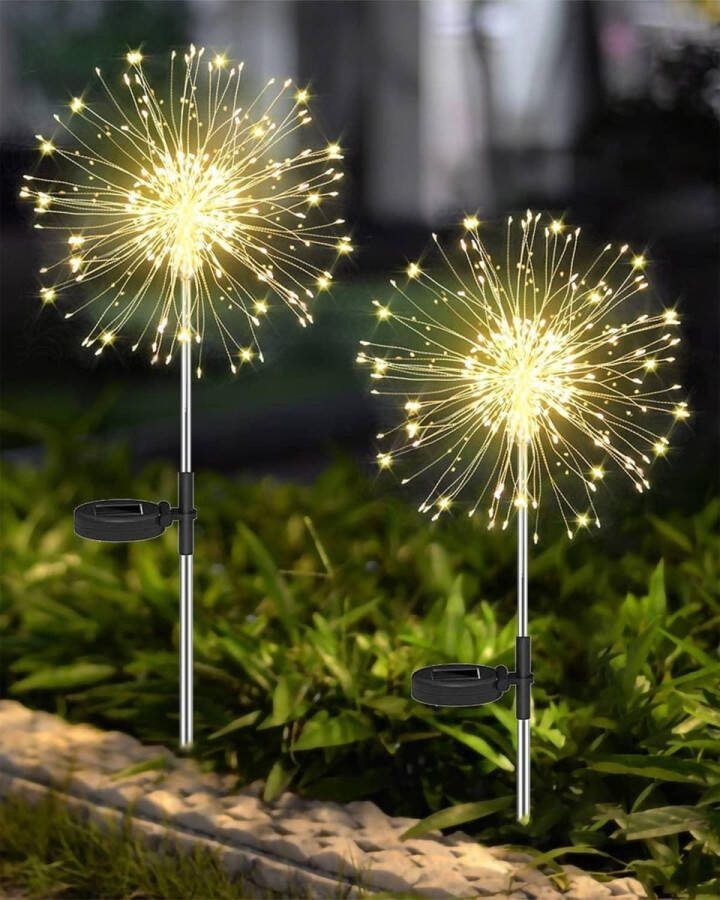 Tuinverlichting op Zonne-energie Solarverlichting Tuindecoratie vuurwerk paardenbloem tuinsteker waterdicht 2 stuks 120 leds 8 modi warmwit