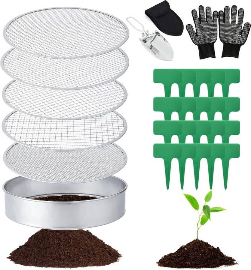 Tuinzeef Zandzeef Ronde 5-in-1 roestvrij staal 20 cm verwisselbare zeefinzetstukken compostzeef metaal tuinschep plantenetiketten 1 paar Tuinzeef Zandzeef