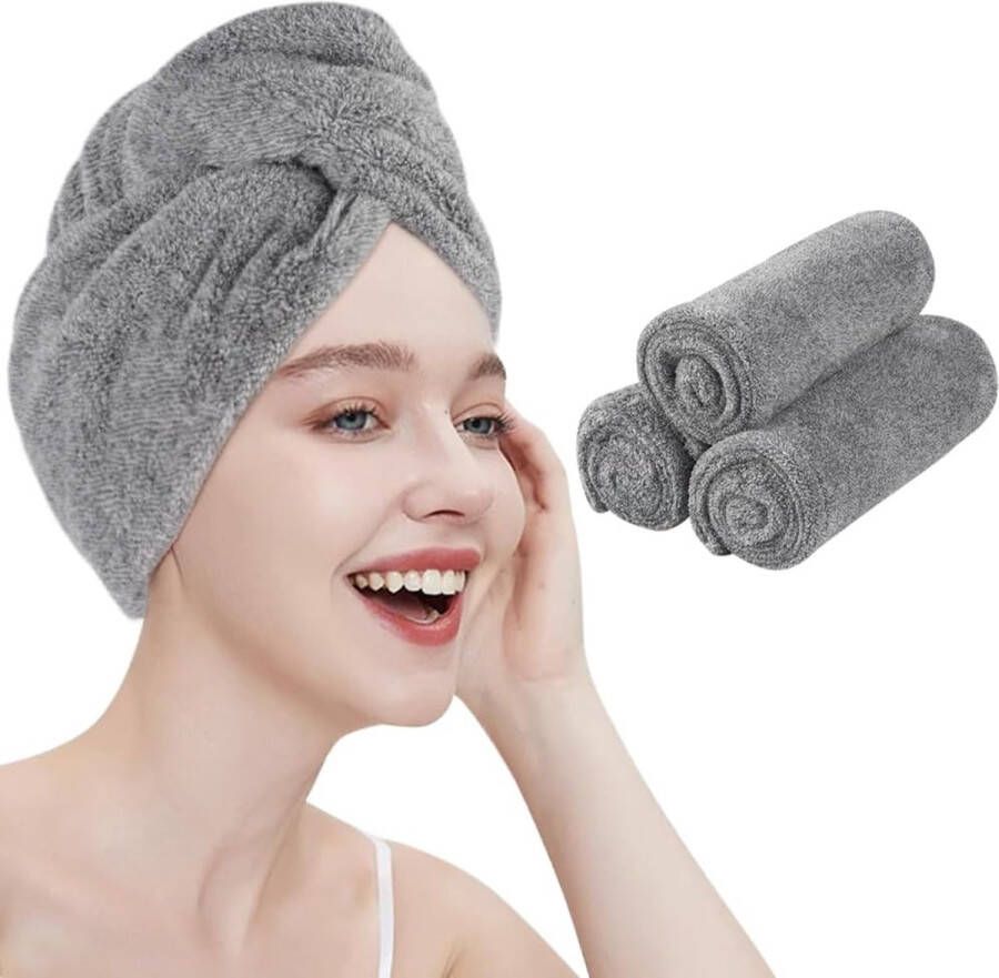 Tulban handdoek met knoop bamboe microvezel haartulband voor het haar koolstofvezel haarhanddoek sneldrogend super absorberend en zacht voor lang haar en alle haartypes 25x65cm 3 stuks grijs