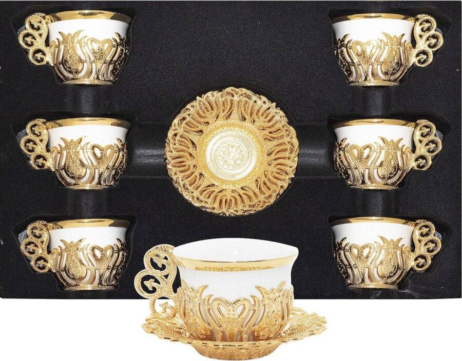 Turkse koffiekopset wit porselein zink metaal Turkse motieven 6 kopjes schotels goud Koffiekopjes set van 6