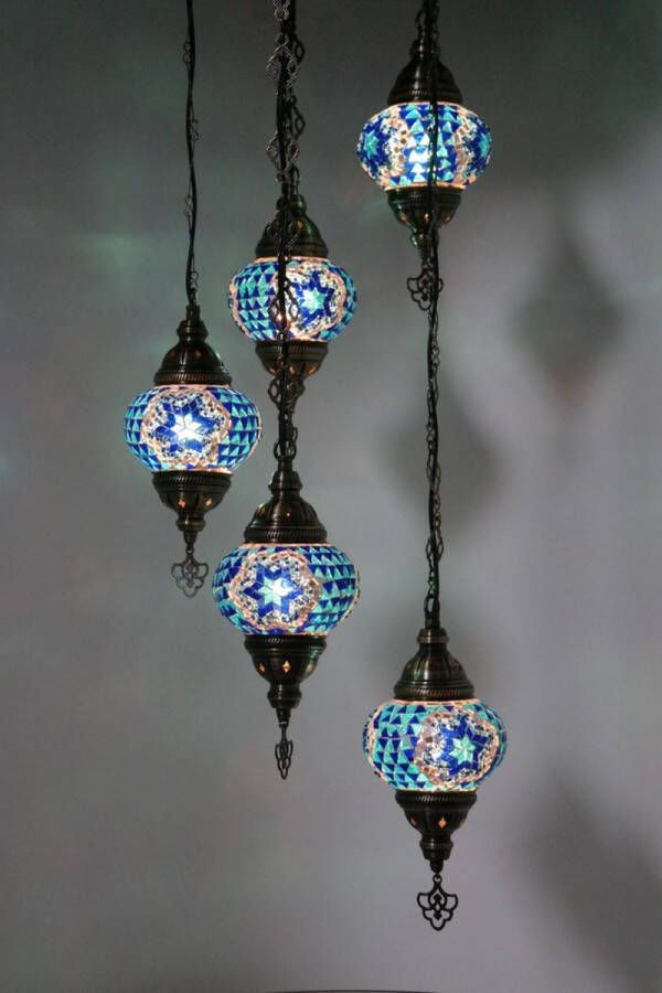 Turkse lamp Oosterse lamp Hanglamp Blauw 5 bollen mozaïek