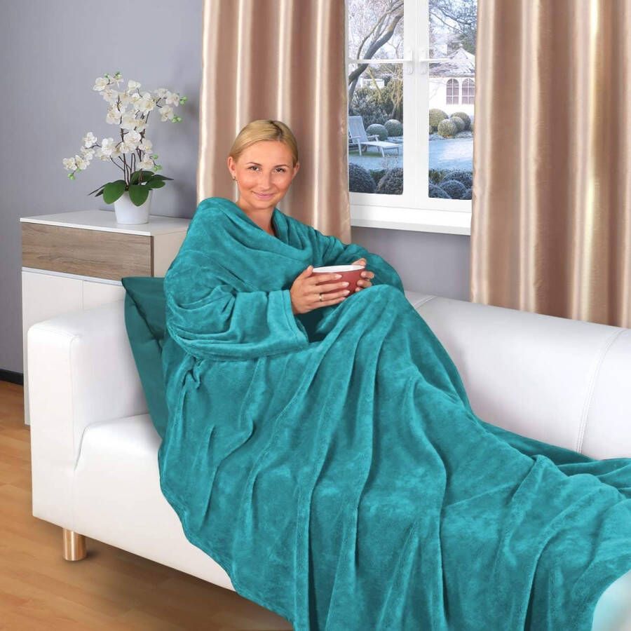 Tv-deken met mouwen en zakken 200 x 150 cm knuffeldeken vele kleuren superzacht XL flanellen microvezelfleece (turquoise