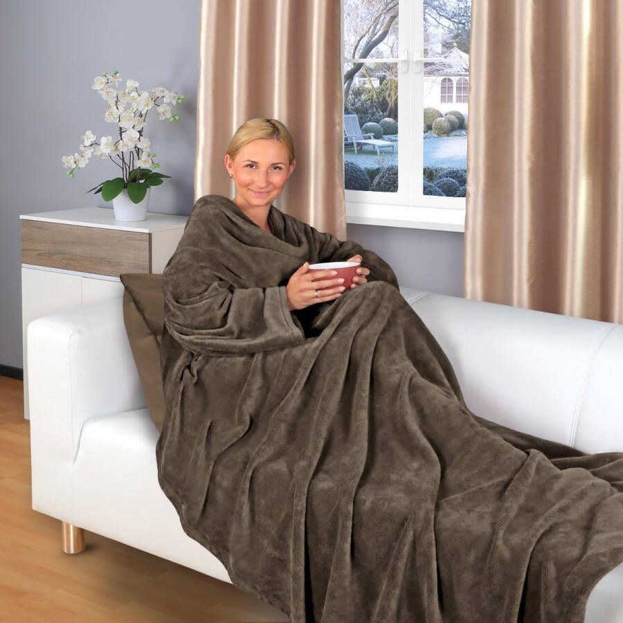 Tv-deken met mouwen en zakken 200 x 150 cm knuffeldeken vele kleuren superzacht XL flanellen microvezelfleece (donkerbruin)