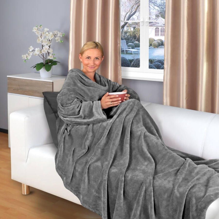 Tv-deken met mouwen en zakken 200 x 150 cm knuffeldeken vele kleuren superzacht XL flanellen microvezelfleece (grijs)