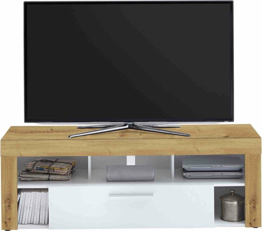 TV-meubel Enrico Wit Artisan Eiken Breedte 150 cm Hoogte 53 cm Diepte 41.4 cm Met lades Met planken Zonder deuren