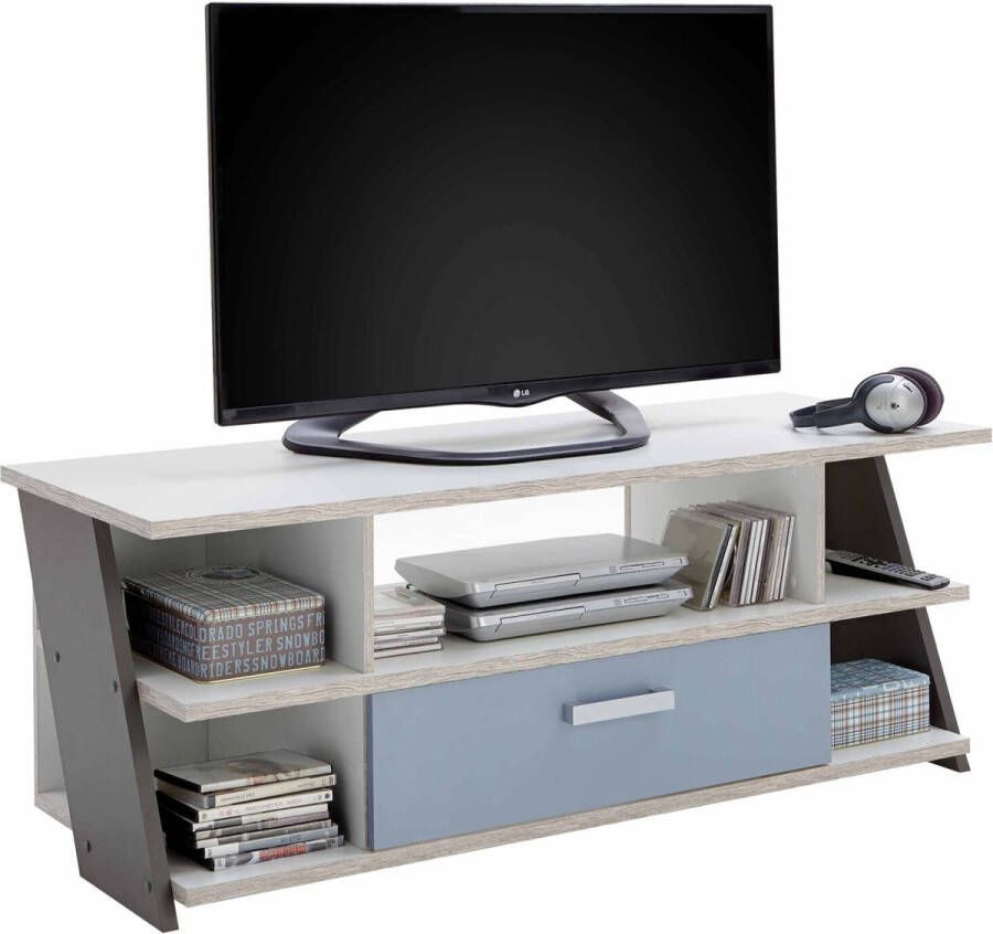 TV-meubel Lando Wit Zandeiken Breedte 135 cm Hoogte 51.6 cm Diepte 50 cm Met lades Met planken Zonder deuren