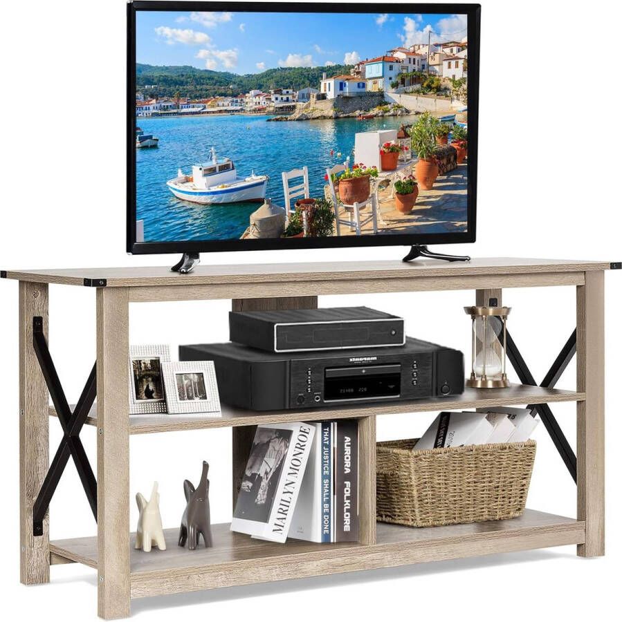 TV-standaard 120 cm 3-verdiepingen televisiekast met open planken en metalen X-frame industriële consoletafel televisietafel voor woonkamer en hal