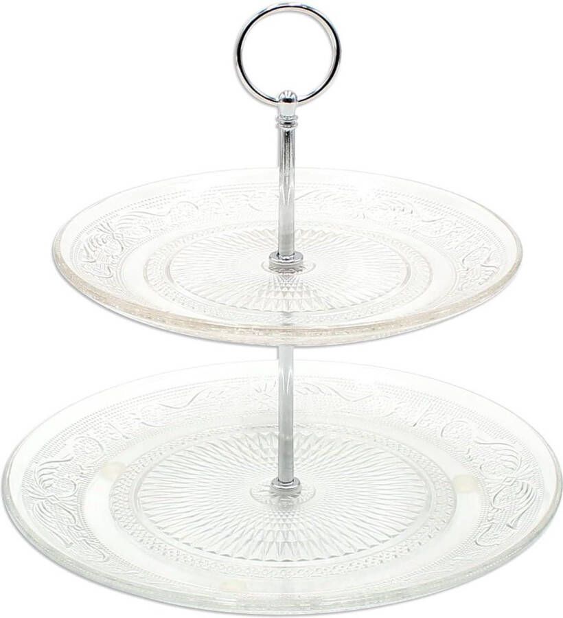 Twee verdiepingen glazen etagère in zilveren patroon afmetingen: H Ø ca. 25 x 25 cm