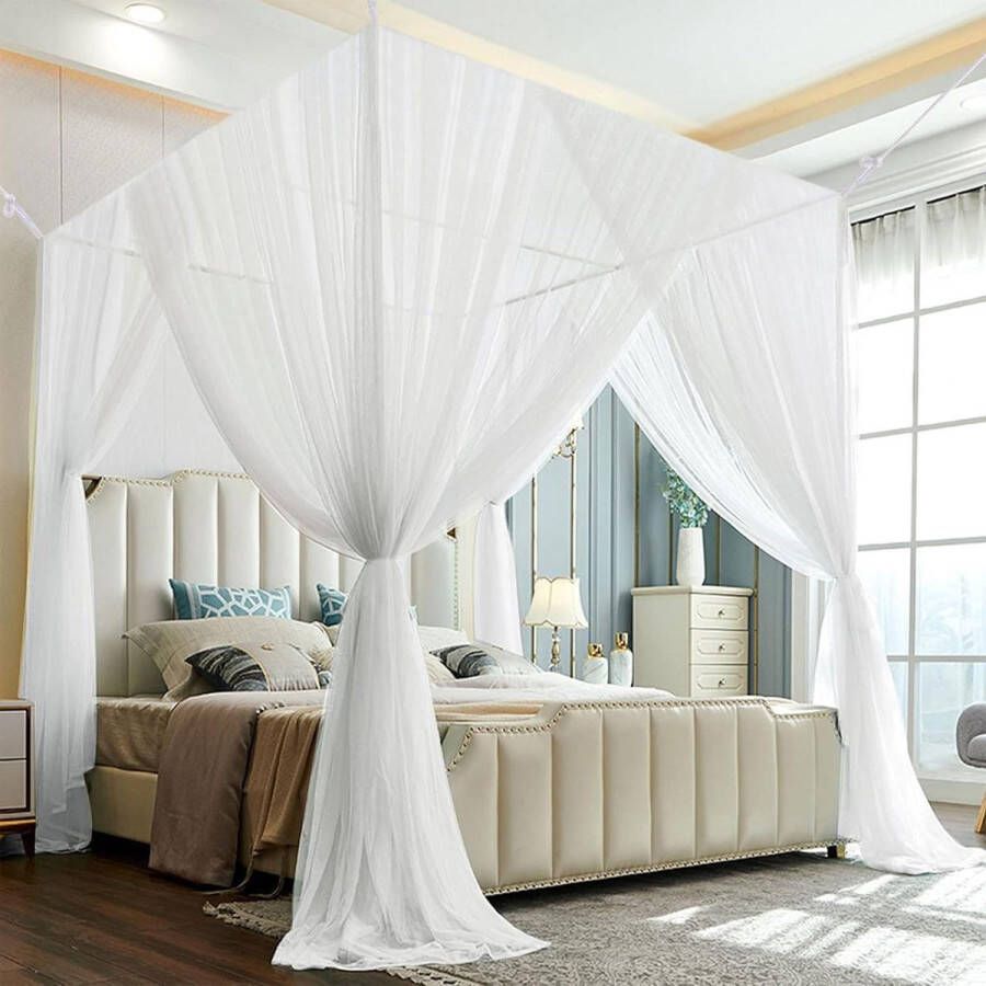 Tweepersoonsbed klamboe met 4 open rechthoekige muggennet fijnmazig vliegennet voor bed vierkant muggennet 240 x 210 x 190 cm wit