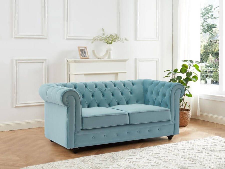 Tweezitsbank van pastelblauw velours CHESTERFIELD L 168 cm x H 72 cm x D 88 cm