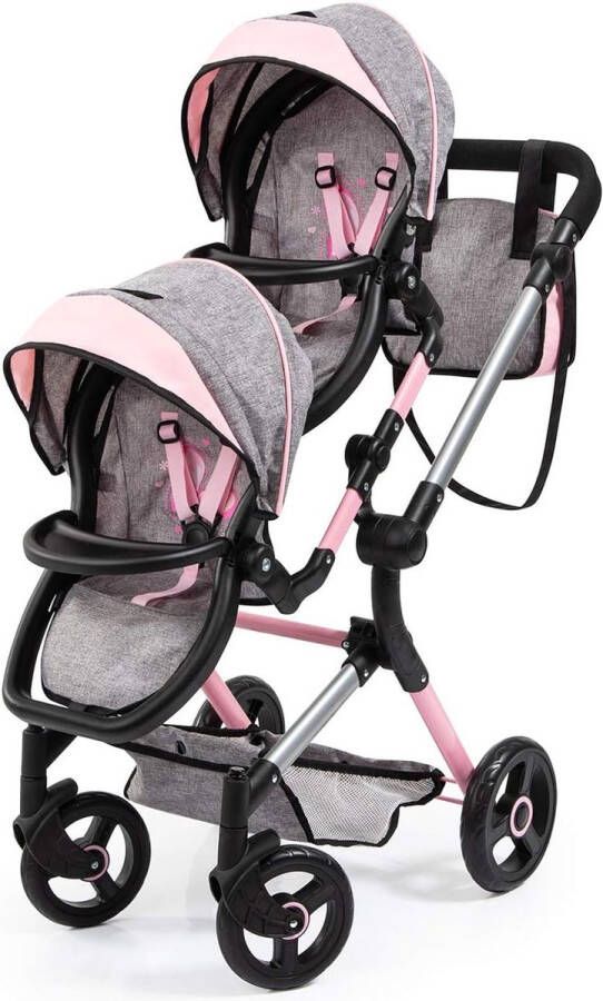 Twin Neo Tweeling poppenwagen verstelbare en zwenkbaar duwstang met tas roze grijs