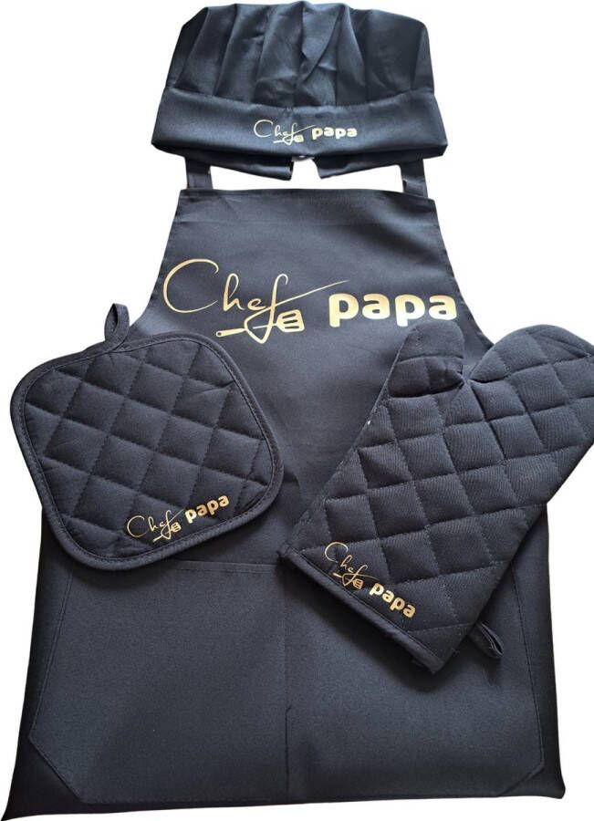 TWOA-Keukenset 4 delig-Zwart Schort koksmuts ovenwant en pannenlap- chef papa vader