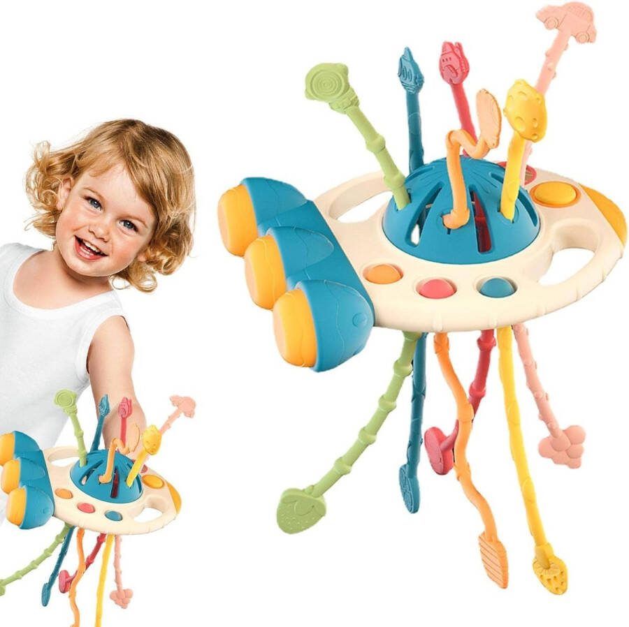 UFO met trekkoord Montessori Trekkoord speelgoed sensorisch Motoriek Badeendjes Badhoekje Kinderstoel Speeltje Badspeeltje Bijtspeelgoed Badspeelgoed Trekspeeltje Zuignap kinderen oranje