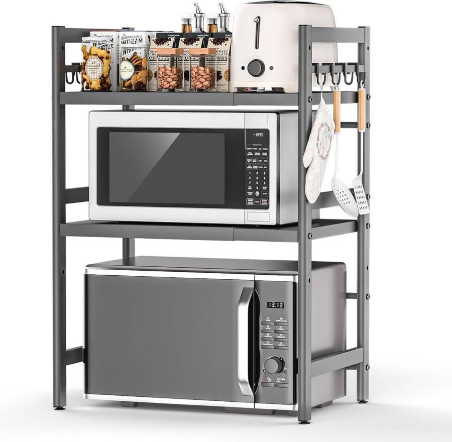 Uitbreidbaar magnetronrek 3-traps magnetronrek staand voor keuken organizer magnetronstandaard keukenrek werkblad bakkersrek magnetronhouder met 8 haken