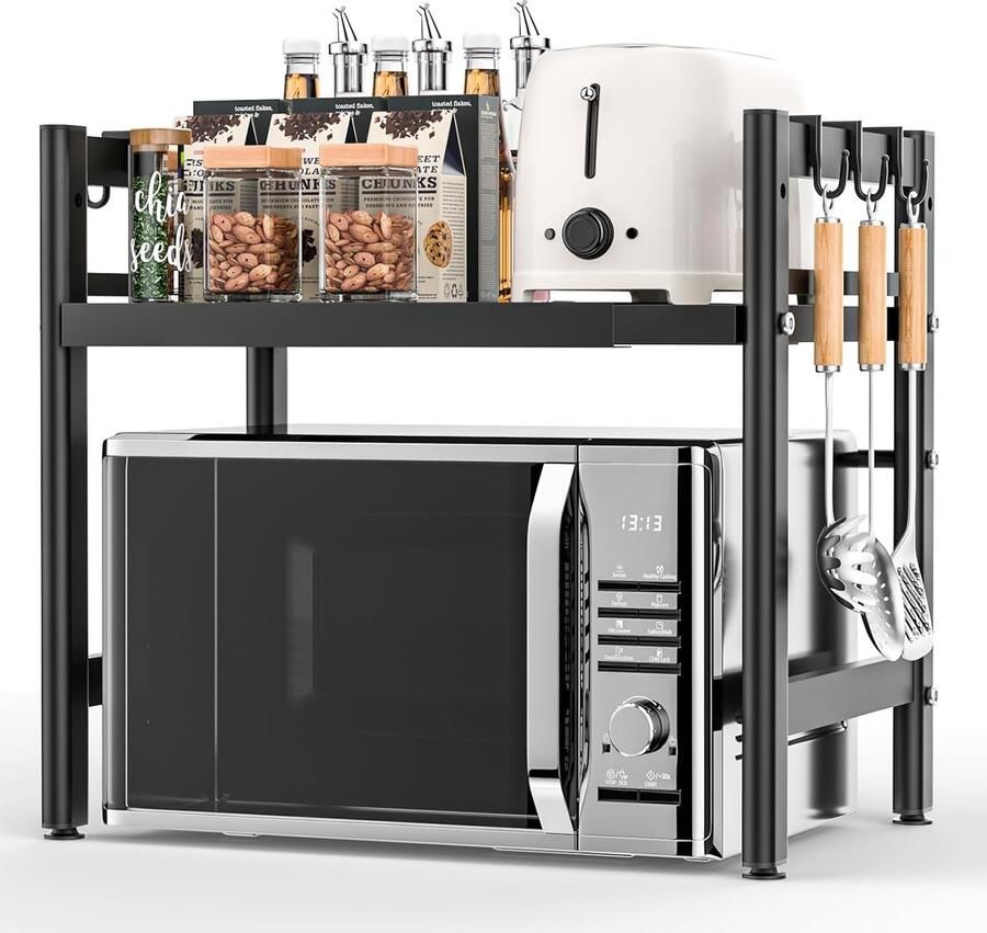 Uitbreidbaar magnetronrek staand magnetronrek voor keuken organizer magnetronstandaard keukenrek werkblad bakkersrek magnetronhouder met 6 haken zwart