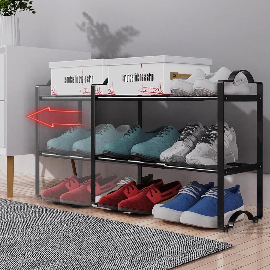 Uitbreidbaar metalen schoenenrek Sterke lager Eenvoudige installatie Verstelbare schoenenopbergplank Organizer voor deuropening kast ingang Zwart 2 niveaus