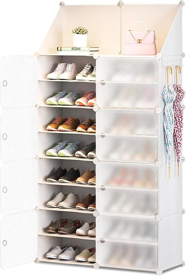 Uitbreidbaar staand schoenenrek voor 16-32 paar schoenen kunststof schoenenkast voor hal en slaapkamer wit
