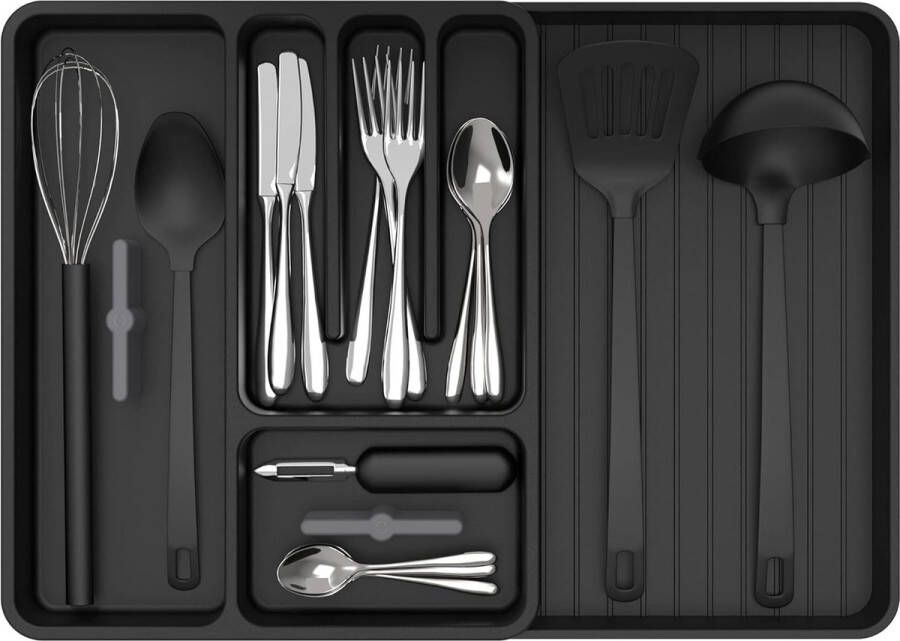 Uitbreidbare bestekbak voor lades keukengereihouder verstelbare bestekorganizer voor bestekkeukengerei en kookaccessoires zwart