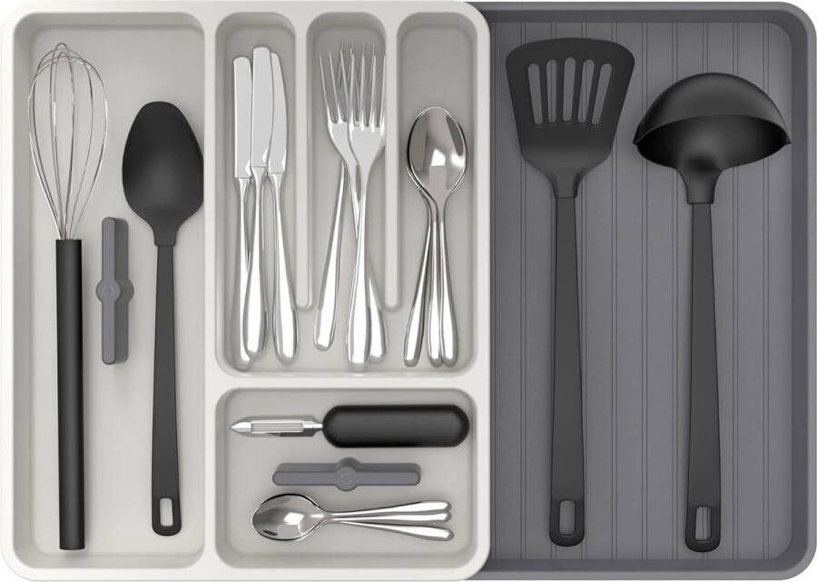 Uitbreidbare besteklade voor lades keukengereihouder verstelbare bestekorganizer voor bestekkeukengerei en kookaccessoires wit en grijs