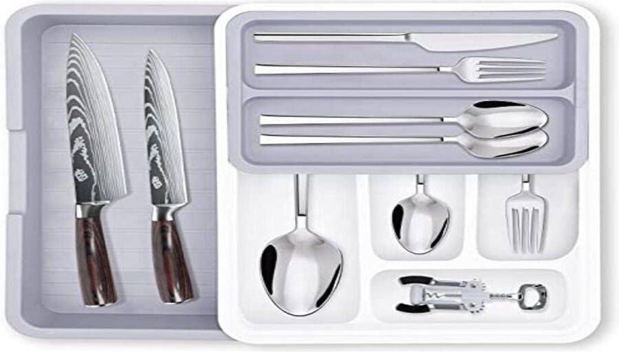 Uitbreidbare verstelbare Bestekbak voor laden ideale lade-organizer keukenlade houder bestek 8 flexibele vakken wit-grijs Cutlery Organizer