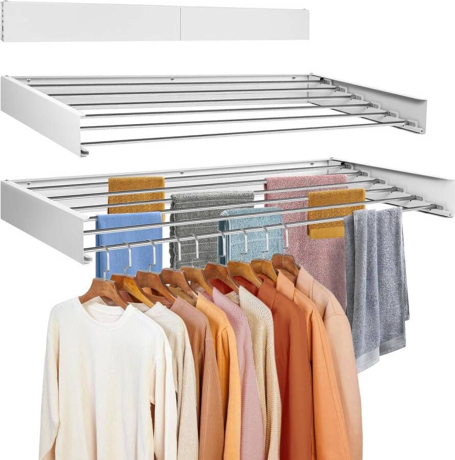 Uitschuifbaar droogrek 100 cm wasdrogerwand 6 hoogwaardige aluminium stangen waslijn wandmontage binnen buiten balkon terras (wit)