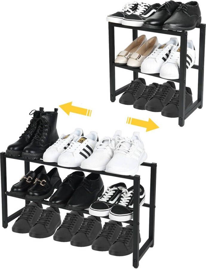 Uitschuifbaar schoenenrek 2 niveaus verstelbaar metalen schoenenorganizer roestvrij staal stevig schoenenplank kast hal slaapkamer entree zwart 70 x 20 x 37 cm