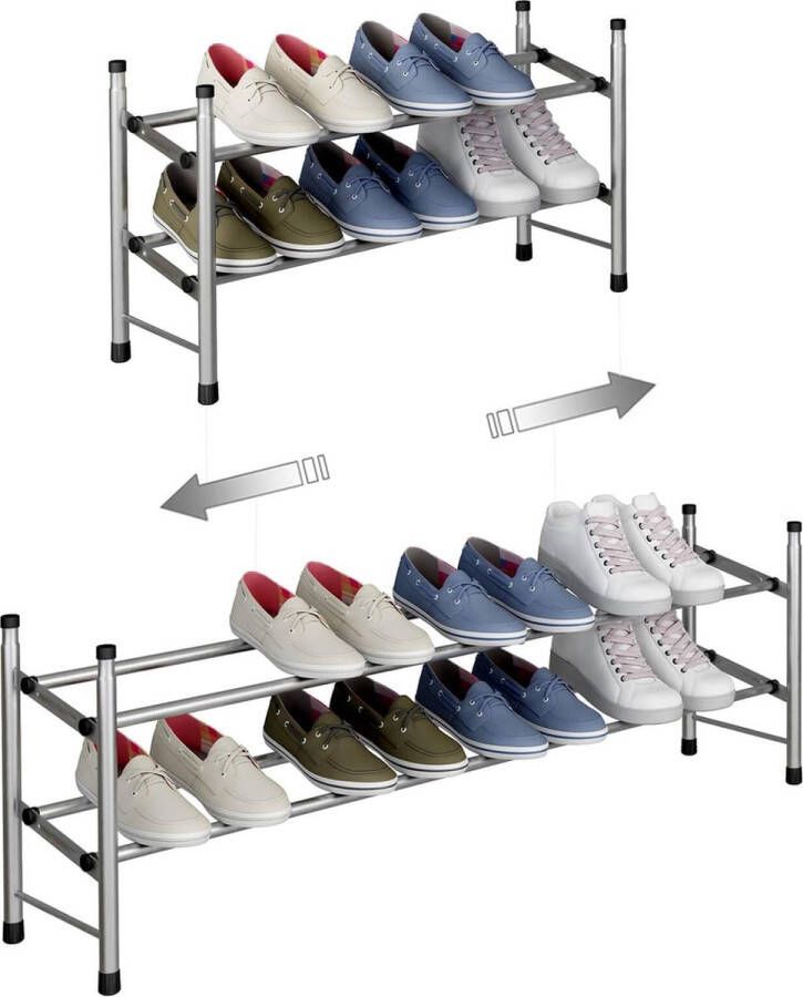 Uitschuifbaar Schoenenrek met 2 niveaus voor het opbergen van maximaal 12 paar schoenen Verstelbaar Stapelbaar Schoenenrek voor opbergruimte in de gang 62-114 x 22 x 35 cm