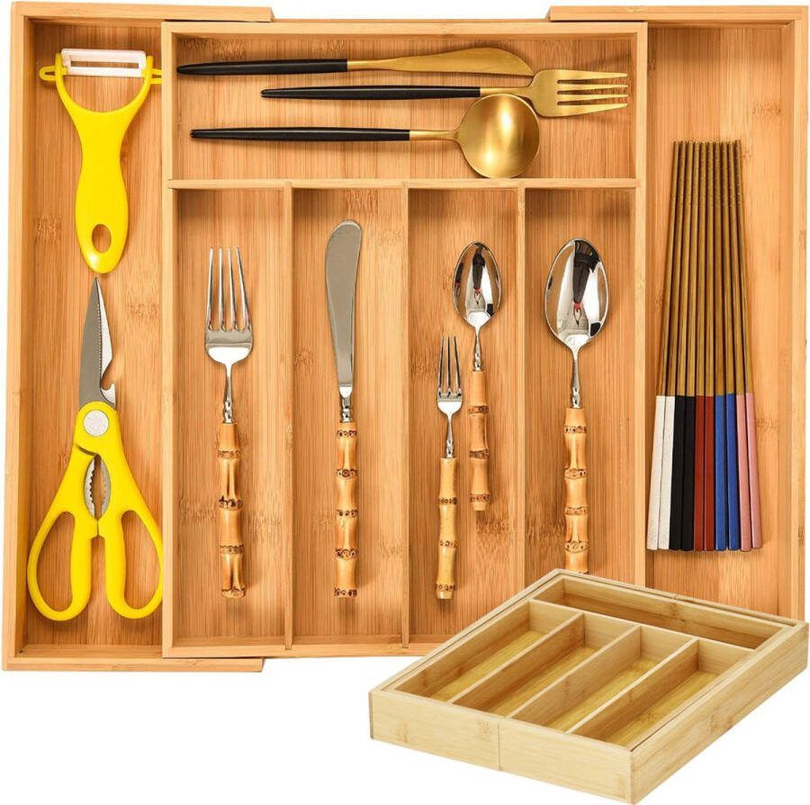 T.R.Goods T.R. Goods Uitschuifbare Bamboe Bestekbak 37 cm diep Uitschuifbaar van 27 cm tot 39 cm Bestekcassette Hout Besteklade 7 vakken