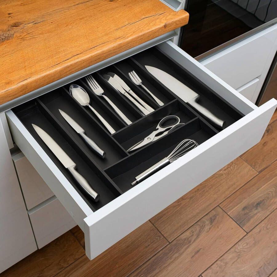 Uitschuifbare bamboe bestekbak HBD 5 x 335-495 x 445 cm 7-9 vakken organizer voor keukenlade zwart