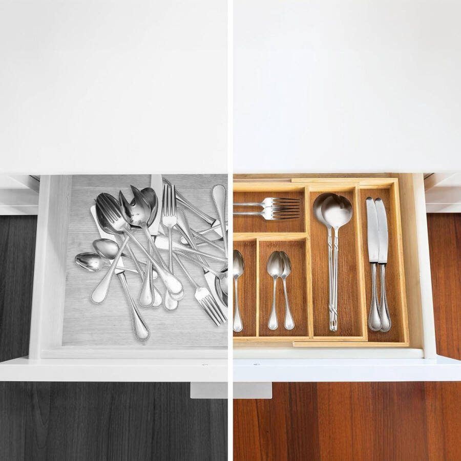 Uitschuifbare bamboe bestekbak met 5-7 compartimenten 485x28 cm keukenorganizer en lade-inzet