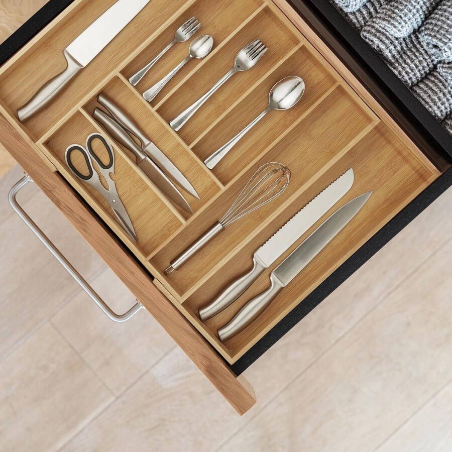 Uitschuifbare bamboe bestekbak Universele bestekcassette HBD 65x575x43 cm Organizer Natuurlijke besteklade