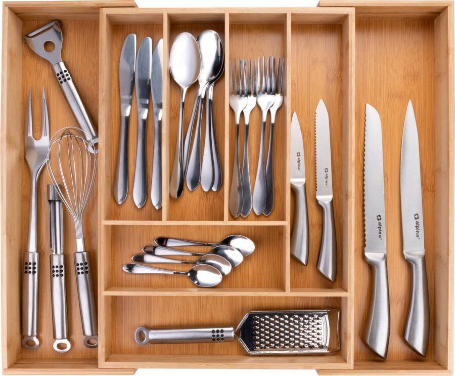 Merkloos Uitschuifbare Bestekbak 46 x 34 56.6 x 6 CM 6 tot 8 Vakken Ecologisch Bamboe Materiaal