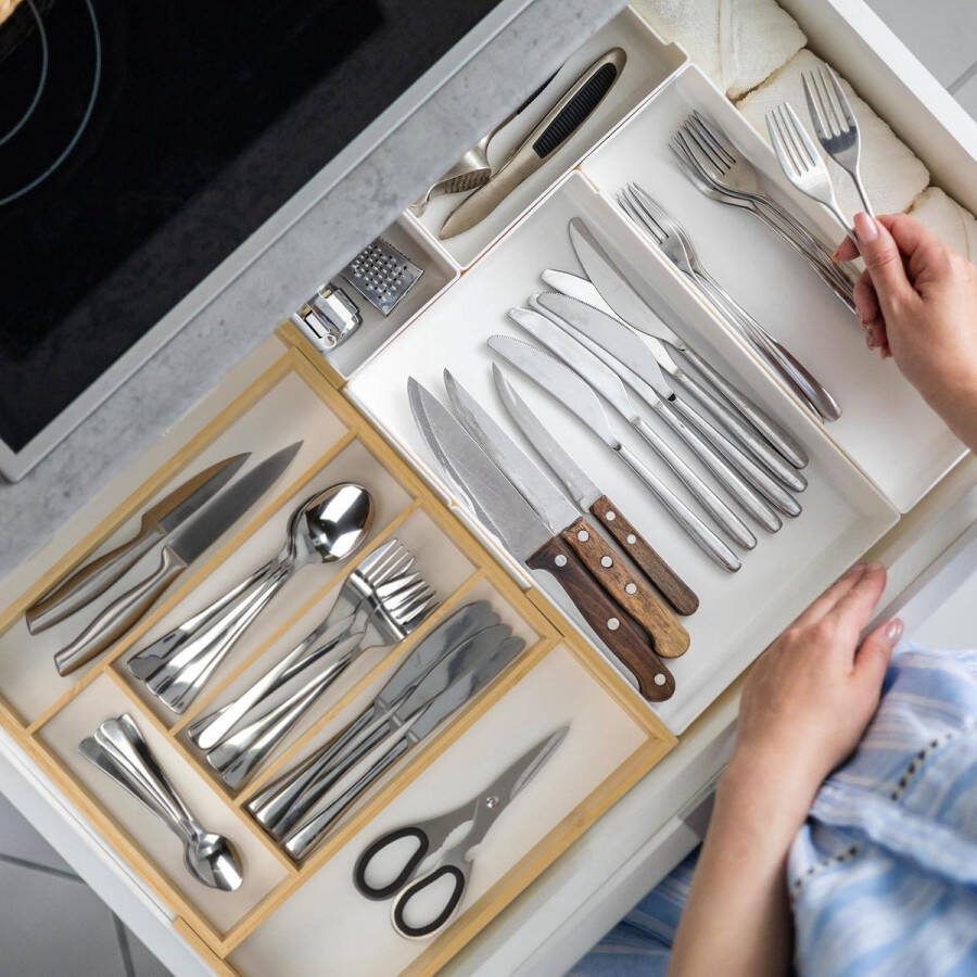 Uitschuifbare bestekbak 5 tot 7 vakken bamboe MDF keukenlade organizer natuur wit