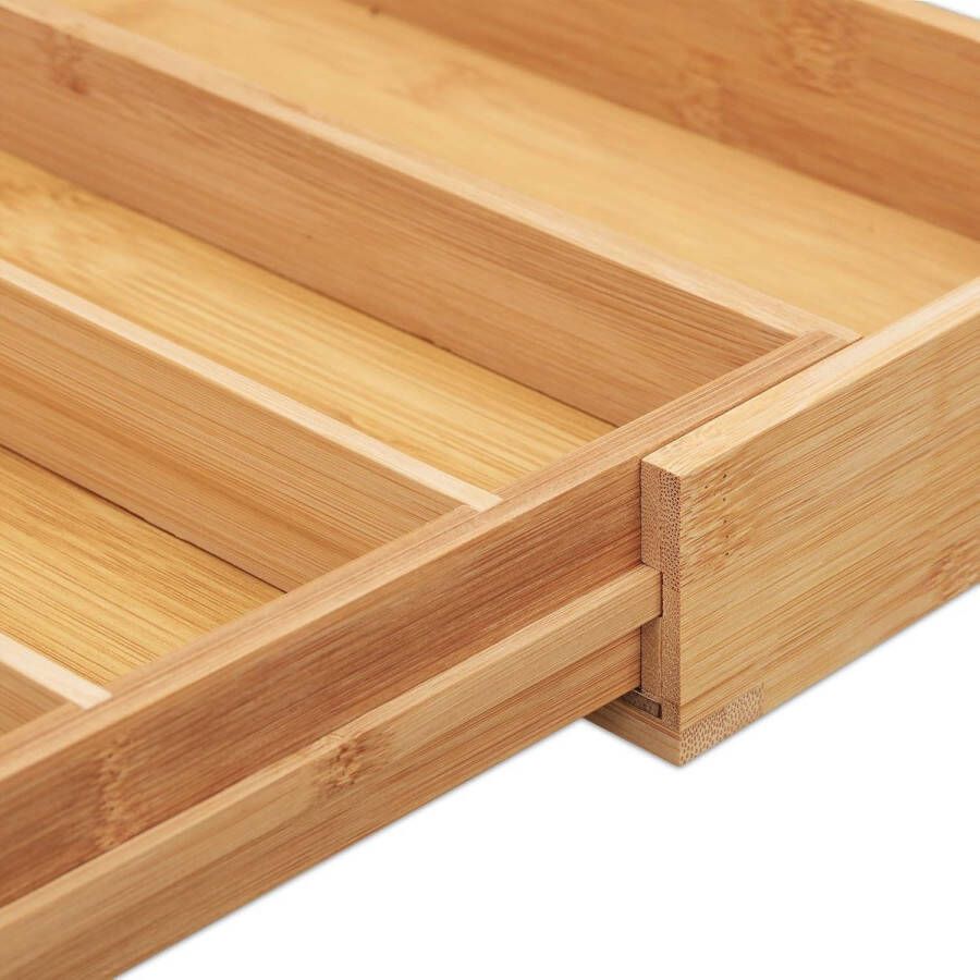 Uitschuifbare bestekbak bamboe 6-8 vakken 2 messenblokken HBD: 5 x 52 x 43 cm natuurlijke bestek organizer