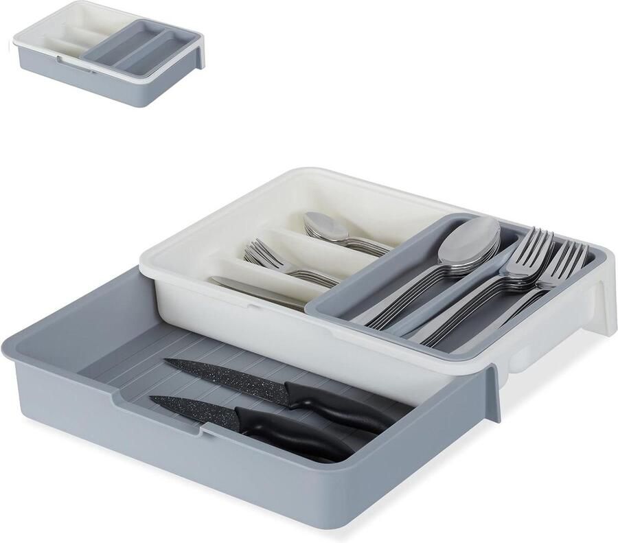 Uitschuifbare bestekbak met 7 vakken voor bestek en keukengerei kunststof HBD 6x23.5x31.5 cm wit en grijs