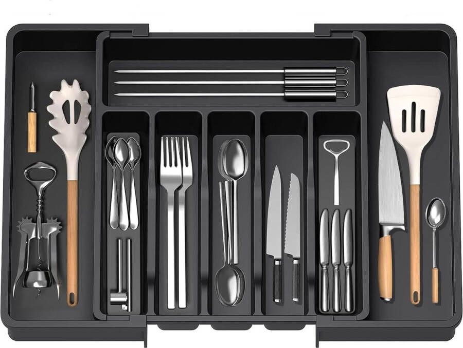 Uitschuifbare gebruiksvoorwerpenbak Lade Besteklade Organisator Keuken Kunststof Opbergstandaard voor Bestek Lepels Vorken enz. Zwart