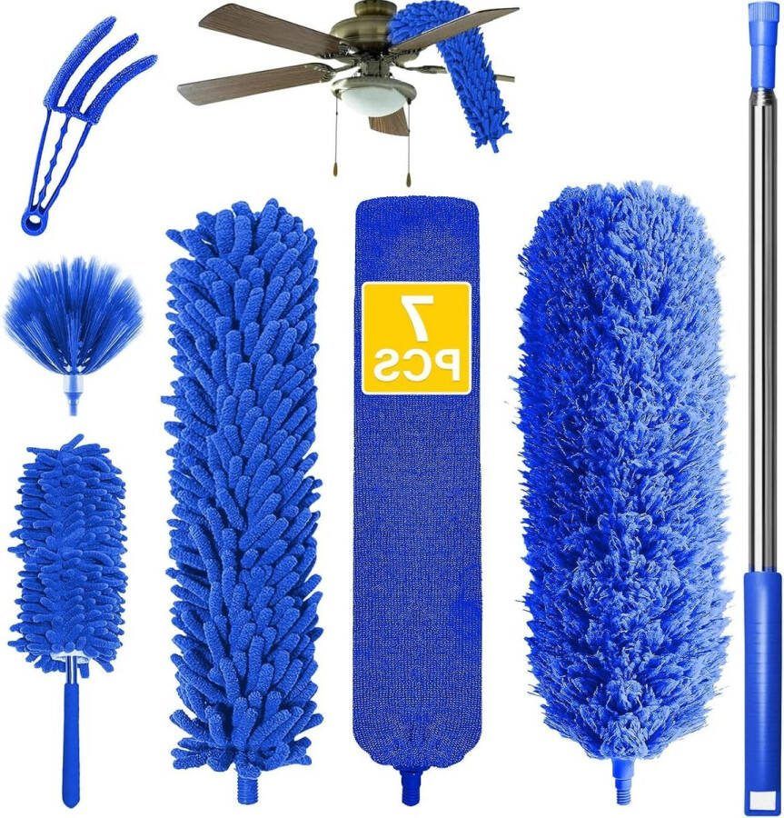 Uitschuifbare microfiber stofzuiger met herbruikbare platte veren 37 tot 232 cm voor ventilatoren en hoog plafond blinds blauw Plumeau
