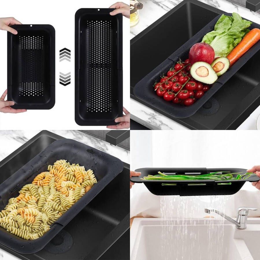 Uitschuifbare zeefmand boven de gootsteen zwart zeef voor gootsteen (34 5-47 5 cm) gootsteenfilterbak uitbreidbare keukenzeef gootsteenzeef voor gootstenen aftappen ontdooien